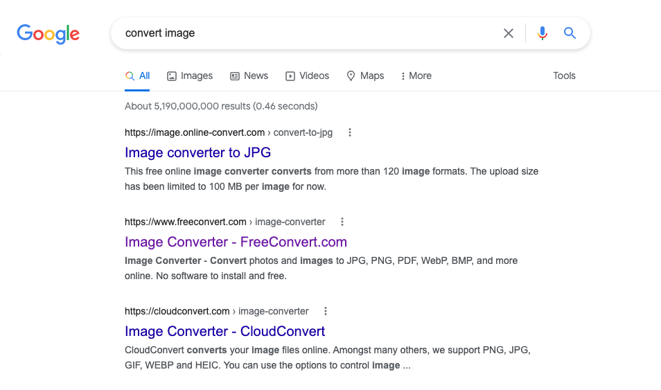 Google results for &lsquo;convert image&rsquo;
